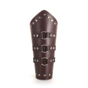 Brazalete vikingo de cuero marrón con anillas centrales.